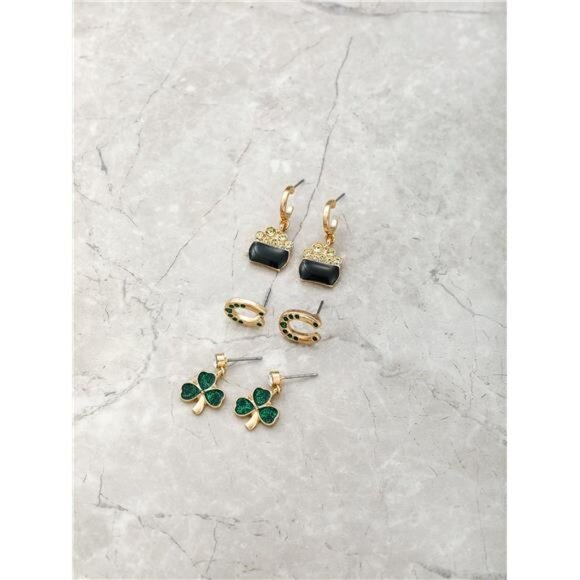 St. Patrick's Day Shamrock Earrings Set - 3 Pairs Festive Green Holiday Jewelry - Picture 2 of 3